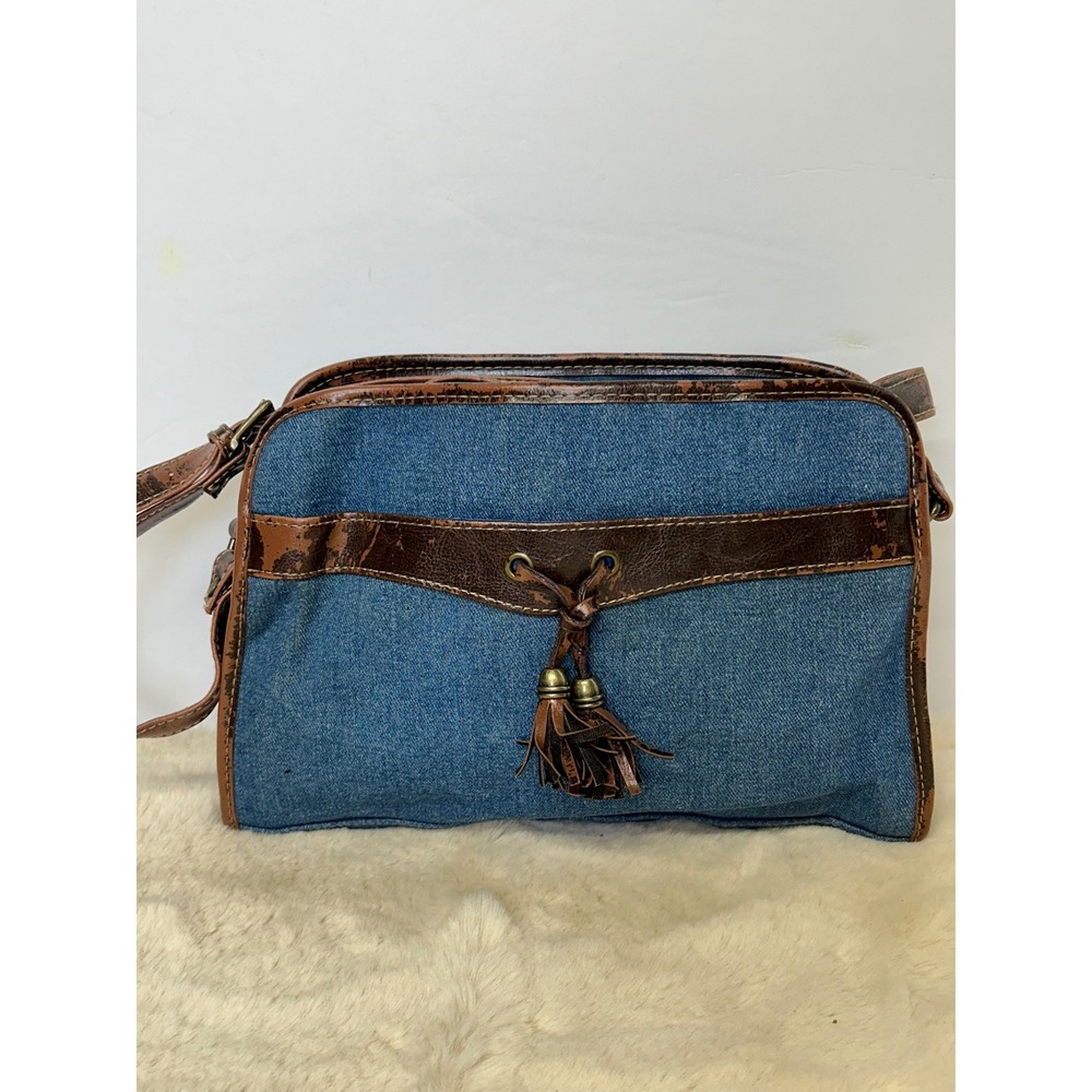 Vintage Denim Crossbody Bag Brown Faux Leather Trim Tassel Wallet Pocket Blue